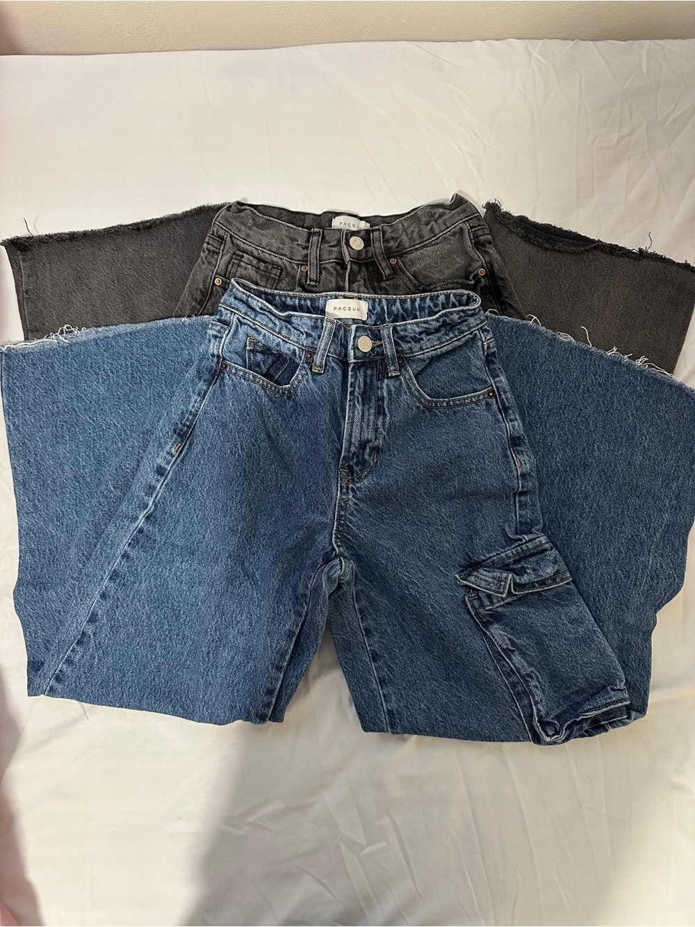2 Pairs of PacSun Women's Dark Blue Wide Leg Cargo and Dark Gray Wide Leg Jeans